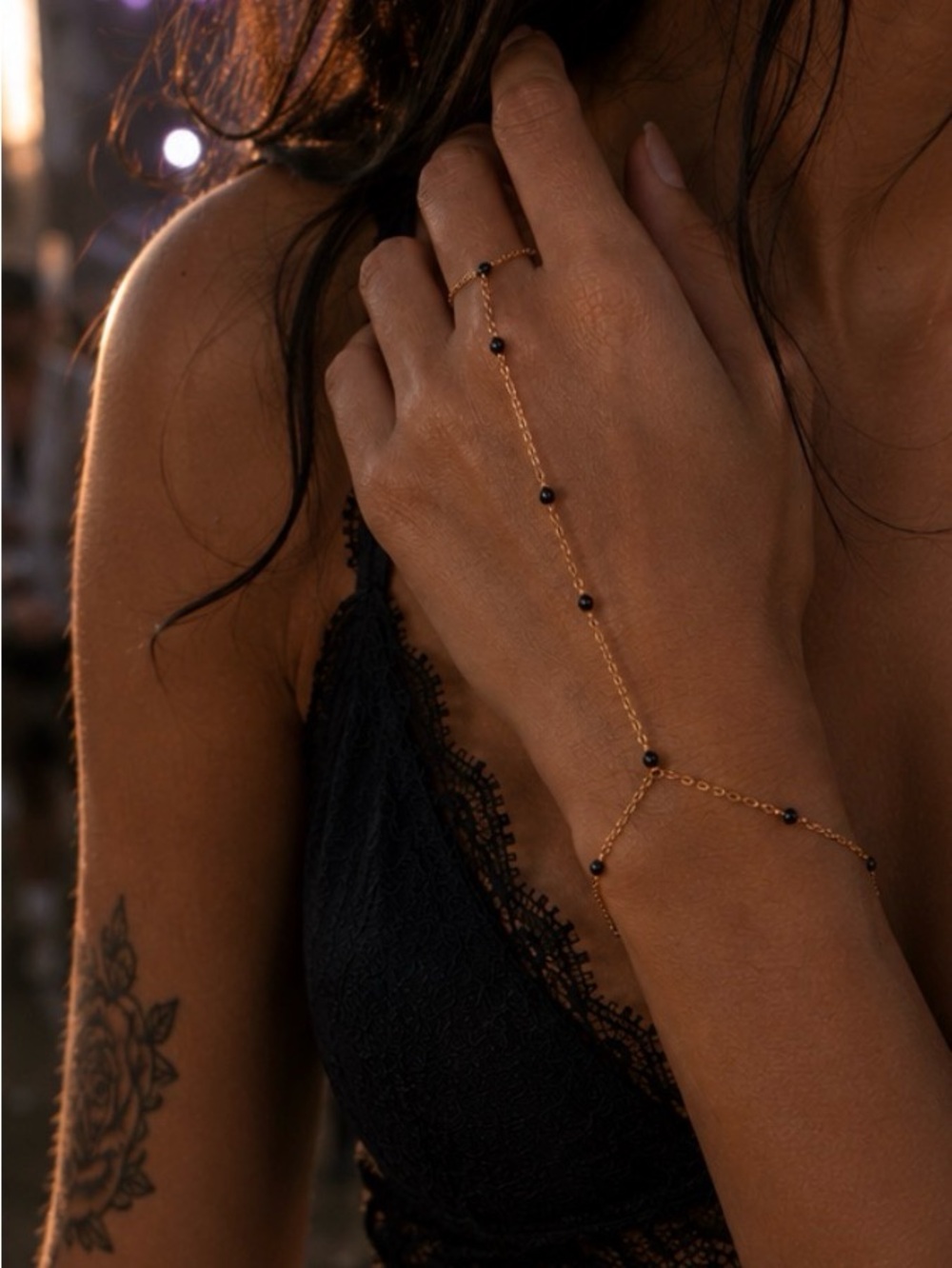 Delicate Gold Hand Chain Bracelet with Black Bead Accents